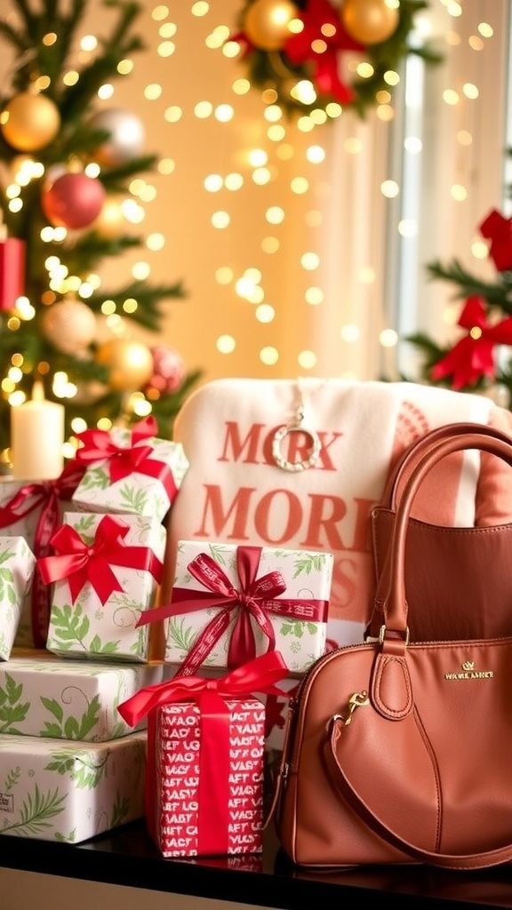 Thoughtful Christmas Gift Ideas for Women A festive display of Christmas gifts for women, including jewelry, a blanket, and spa products, surrounded by holiday decorations.